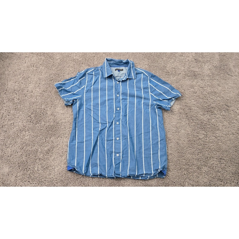Vince Camuto Button Up Shirt Mens Large Blue Vertical Stripes 100% Cotton Casual